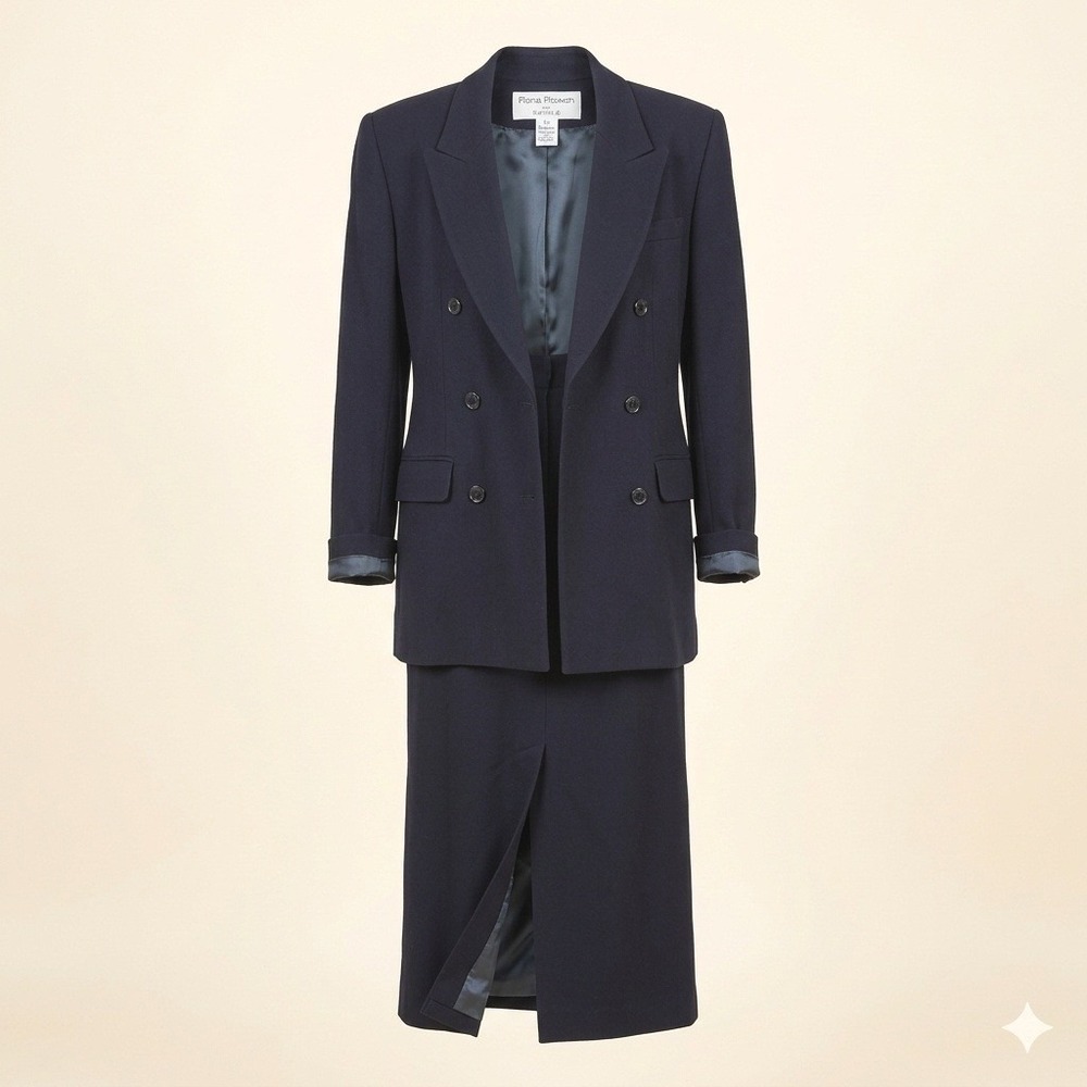 Rena Rowan Saville 90s Navy Blue Worsted Wool Double Breasted Maxi Skirt Suit 10